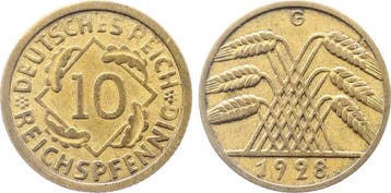 10 Pfennig Duitsland 10 Reichspfennig 1928 G J 317 ss+ Me..., Verzenden