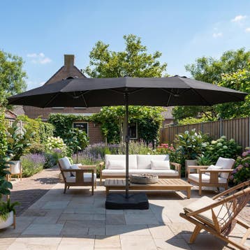 Dubbele parasol met voet – antraciet - 450 x 265 x 278 cm |, Huis en Inrichting, Tafels | Eettafels, Verzenden, Nieuw