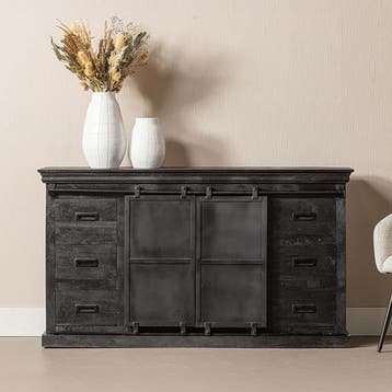 Dressoir Mangohout Milan 220 Zwart, Huis en Inrichting, Kasten | Dressoirs, Verzenden, Nieuw, Overige houtsoorten, Industriële meubels