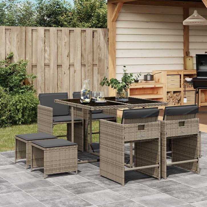 vidaXL 9-delige Tuinset met kussens poly rattan grijs, Tuin en Terras, Tuinsets en Loungesets, Tuinset, Nieuw, Verzenden