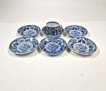 Antieke Mosa Maastricht blauw-witte schotels (6) met kop, Verzenden