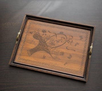 Antique Art Nouveau Serving Tray with Glass - Floral