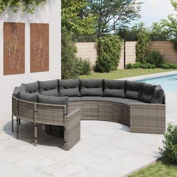 vidaXL Tuinbank met kussens rond poly rattan grijs, Verzenden, Nieuw