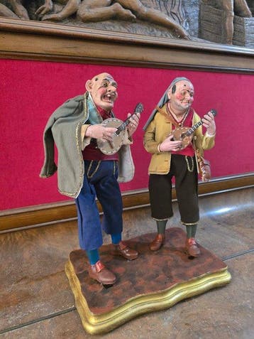 Beeld, Coppia pastori musicisti - presepe napoletano - 37 cm