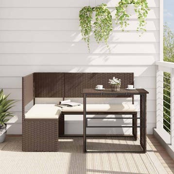 vidaXL Tuinbank met tafel en kussens L-vormig poly rattan, Verzenden