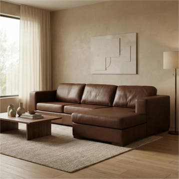 Leren hoekbank Flow - 2 zits arm links + longchair rechts -, Nieuw, Ophalen of Verzenden, Modern, 200 tot 250 cm