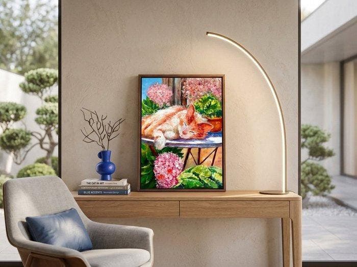 Yuni R. P - Contemplación en el Alféizar: Gato Naranja y, Antiek en Kunst, Kunst | Designobjecten
