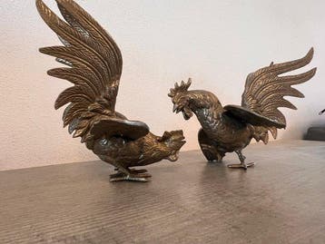Beeldje - Coppia di galli NO RESERVE (2) - Brons, Antiek en Kunst