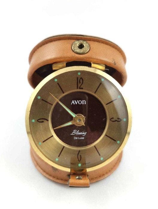 reiswekker - Avon - Vintage Leder, Messing, Glas, plexiglas, Antiek en Kunst, Antiek | Klokken