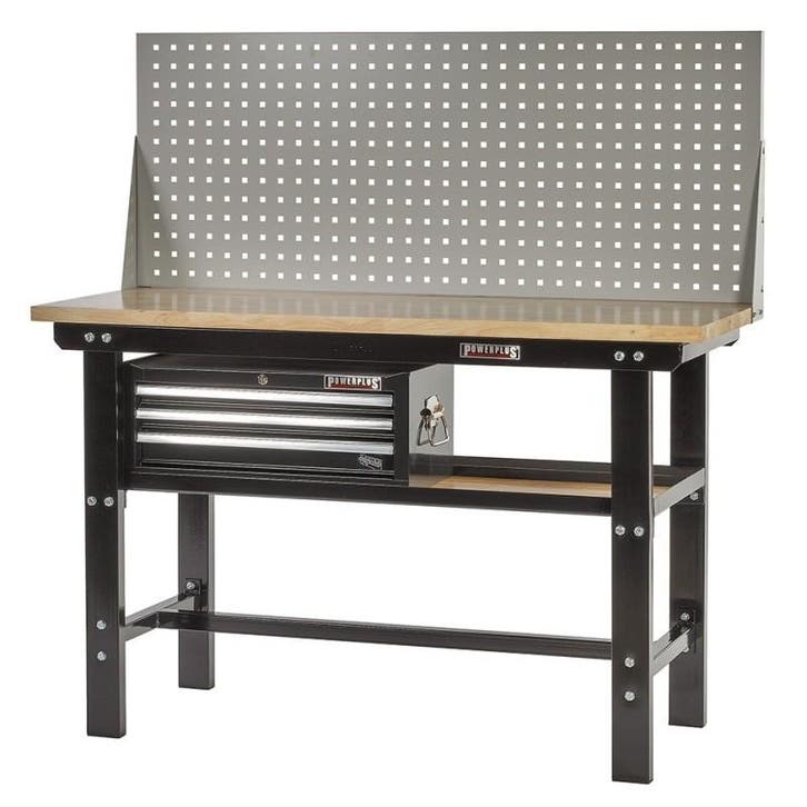 Werkbank zwart 150 cm met hardhouten blad + gereedschapskist, Bricolage & Construction, Établis, Enlèvement ou Envoi