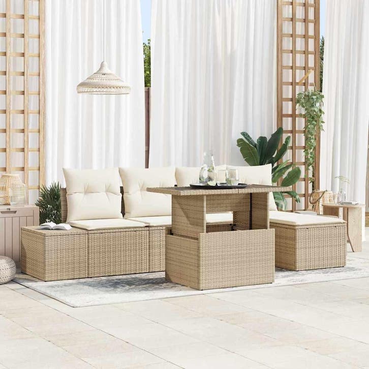 vidaXL Tuinbank Set 6 st Beige poly rattan, Tuin en Terras, Tuinsets en Loungesets, Nieuw, Verzenden