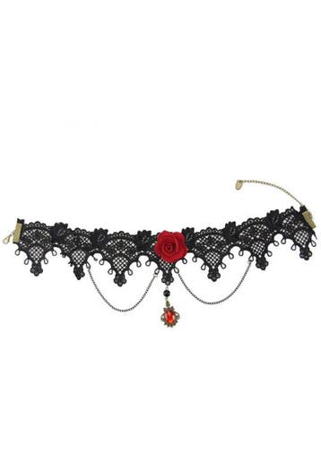 KIMU® Choker Zwart Kant met Kettinkjes Roos en Rode Steen Ka, Ophalen of Verzenden