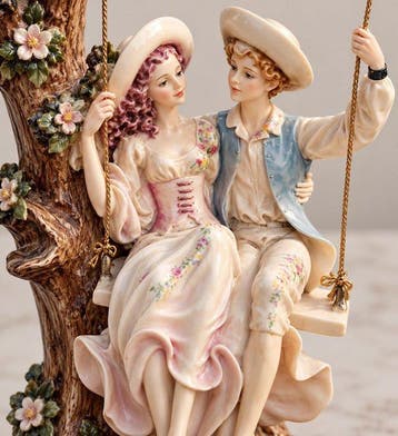 Statue, Jeune couple sur balançoire signé - 42 cm -