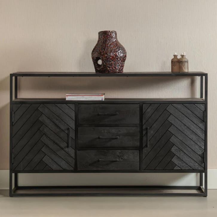 Dressoir Mangohout Kjeld 145 Hoog Zwart, Maison & Meubles, Armoires | Dressoirs, Envoi