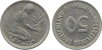Duitsland 50 Pfennig 1950 G Stempeldrehung 180° ss J 384, Verzenden