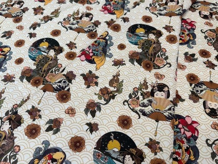 Geishe, Golven en Bloemen: Poëzie uit het Oosten op katoen -, Antiek en Kunst, Antiek | Tapijten, Tafelkleden en Textiel