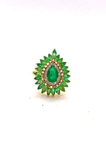 Bague de cocktail - 18 carats Or jaune, Argent Émeraude -