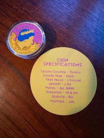Tuvalu. 1 Dollar 2022 Homer Simpson-Donuts 1 Oz, (.999)
