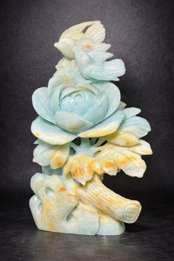 Babyblauw amazoniet Twee vogels op rozen gravure -