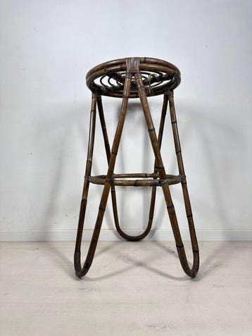 Tabouret - Porte-plante vintage en bambou et rotin - Bois