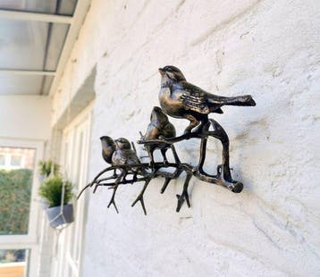 Sculpture, sculptuur, 4 vogels op tak - 18 cm - Brons - 18
