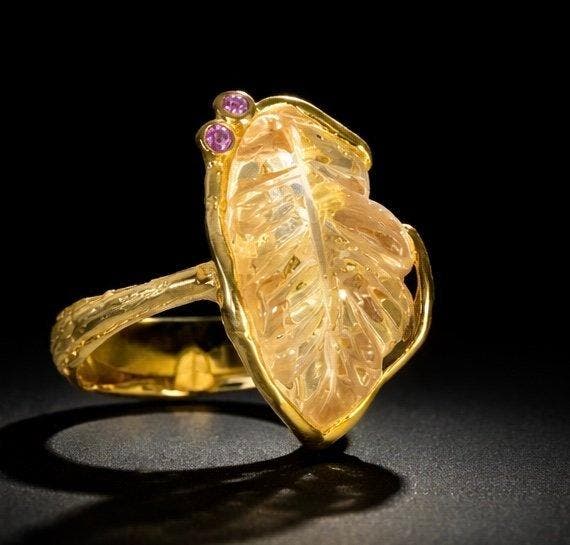 925 zilver - gesneden citrien - rhodoliet - Ring, Verzamelen, Mineralen en Fossielen