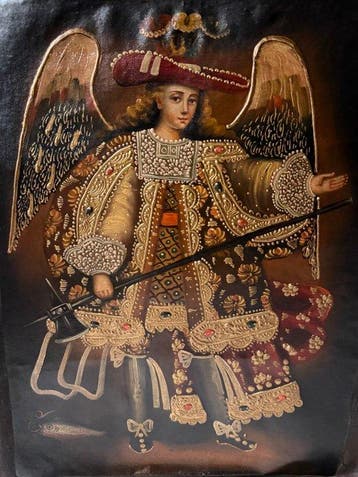 Cuzco School (XX) - Archangel Raphael holding a long-shafted, Antiek en Kunst