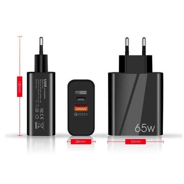 65W GaN Stekkerlader met Oplaadkabel 1 meter - Dual Port PD, Verzenden, Nieuw
