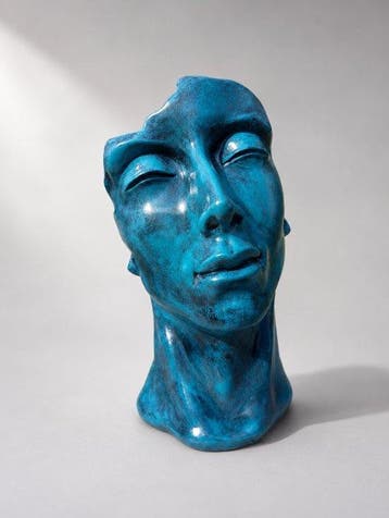 Beeld, hoofd cobalt blauw met donkere afwerking - 50 cm -