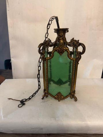 Lamp - fraaie brons gegoten lamp met glazen ramen - Verguld, Antiek en Kunst