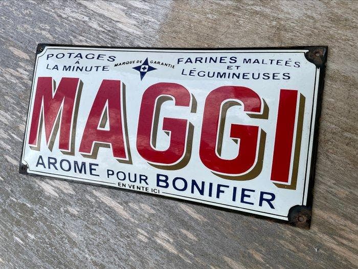 MAGGI - Emaille bord - MAGGI Vintage emaille bord 50 cm, Antiek en Kunst, Antiek | Wandborden en Tegels