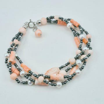Koraal - Zilver - Armband - Roze koraal en parels, Antiek en Kunst