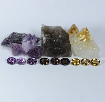 Collectie van amethist, rookkwarts, citrien: Voor en na -