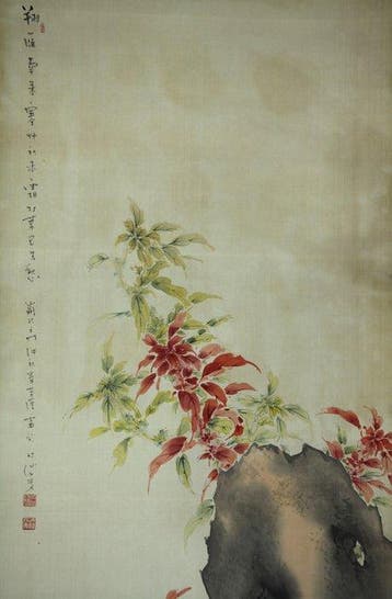 Zeer mooi schilderij Sparrows and amaranth, gesigneerd -