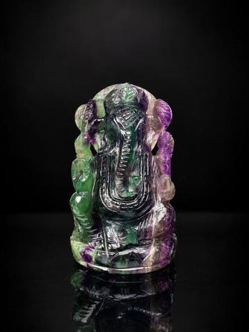 Handgesneden 3D veelkleurige fluoriet Ganesha Edelsnijwerk -