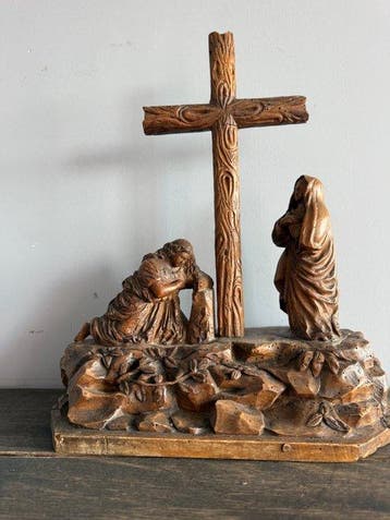 sculptuur, Calvarie scène / 18e eeuw - 46 cm - Walnoot, Antiek en Kunst