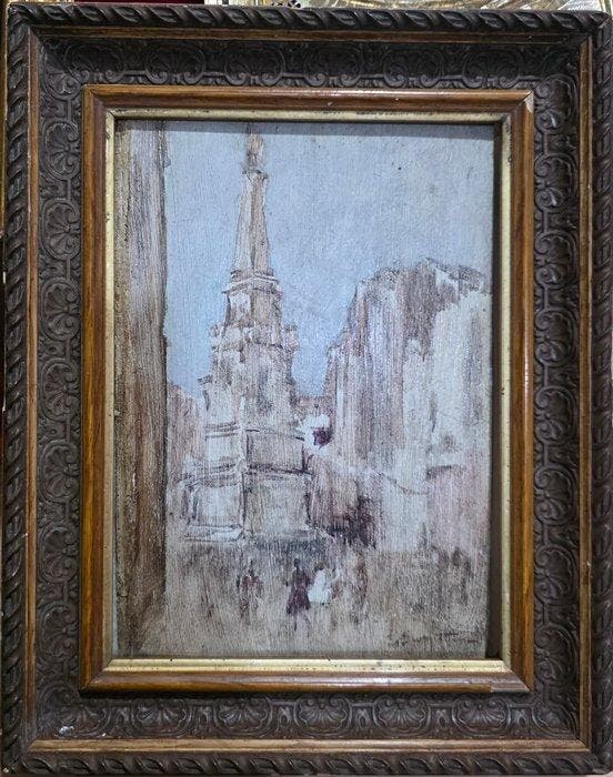 Pietro Scoppetta (1863-1920) - Piazza del Gesù, Napoli, Antiek en Kunst, Kunst | Schilderijen | Klassiek