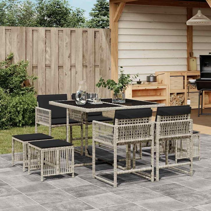 vidaXL 9-delige Tuinset met kussens poly rattan lichtgrijs, Tuin en Terras, Tuinsets en Loungesets, Tuinset, Nieuw, Verzenden