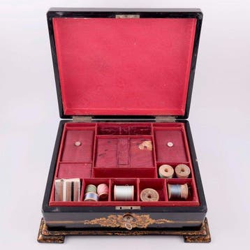 Victorian Gilt, Mother-of-Pearl Inlaid Papier-Mâché Sewing