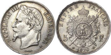 5 Francs 1870, Frankreich Napoleon Iii 1852-1870, Verzenden, België