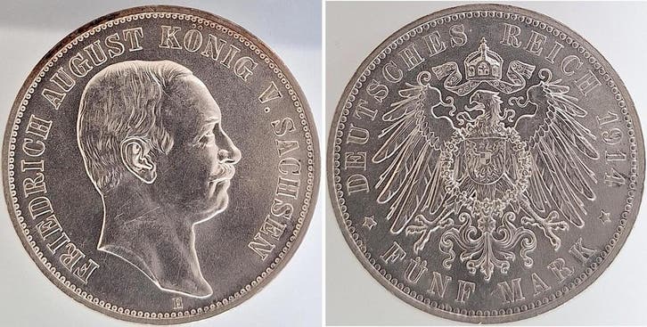 Duitsland 5 Mark Sachsen 1914 E prfr/stgl Top J 136 Archi..., Postzegels en Munten, Munten | Europa | Niet-Euromunten, België