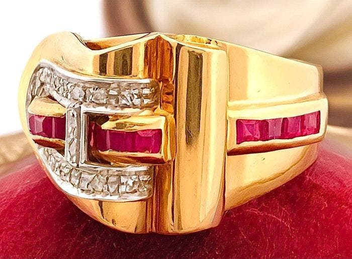 Ring - 18 karaat Geel goud Robijn - Diamant, Bijoux, Sacs & Beauté, Bagues
