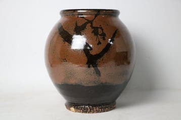 Vase - Grès - Japon - Vase à glaçure kaki noir fluide -, Antiquités & Art
