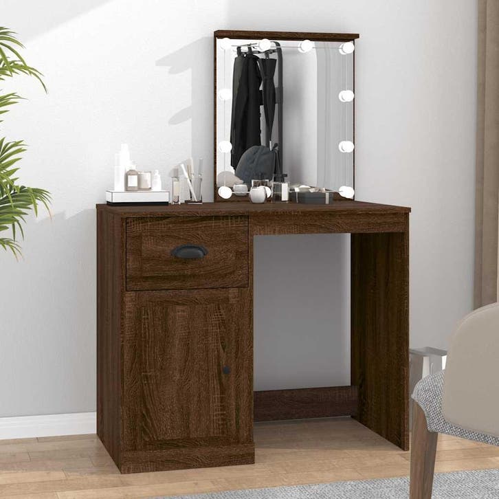 vidaXL Kaptafel met LED 90x50x132,5 cm bewerkt hout bruin, Huis en Inrichting, Tafels | Kaptafels, Nieuw, Verzenden