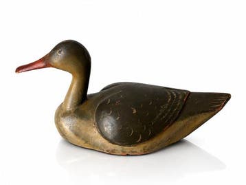 Appelant canard - Large Antique Hand-Carved Wooden Merganser, Antiquités & Art
