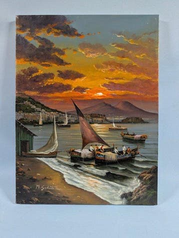 Mario Galanti (XX) - Tramonto sul Golfo di Napoli con barche