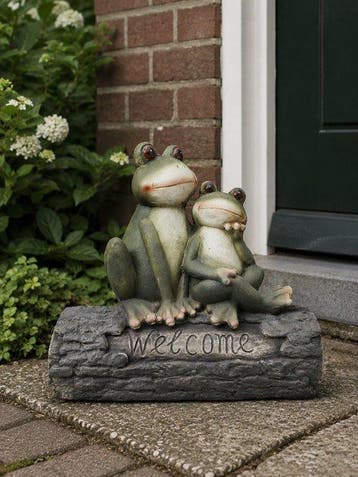 Beeld, garden statue 2 frogs on tree trunk - 41 cm -