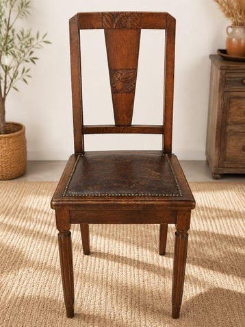 Stoel (2) - Eik - Leer met studs in art-deco-stijl