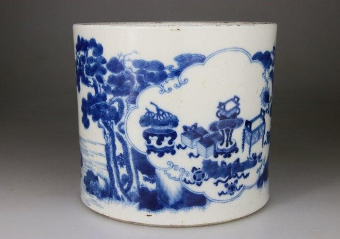 Grote penseelpot - Bitong - Blauw en wit - Vazen en bloemen, Antiquités & Art, Antiquités | Autres Antiquités