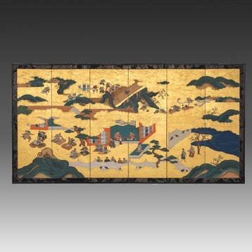 Vouwscherm met samurai-taferelen - Gelakt hout, Papier,, Antiek en Kunst